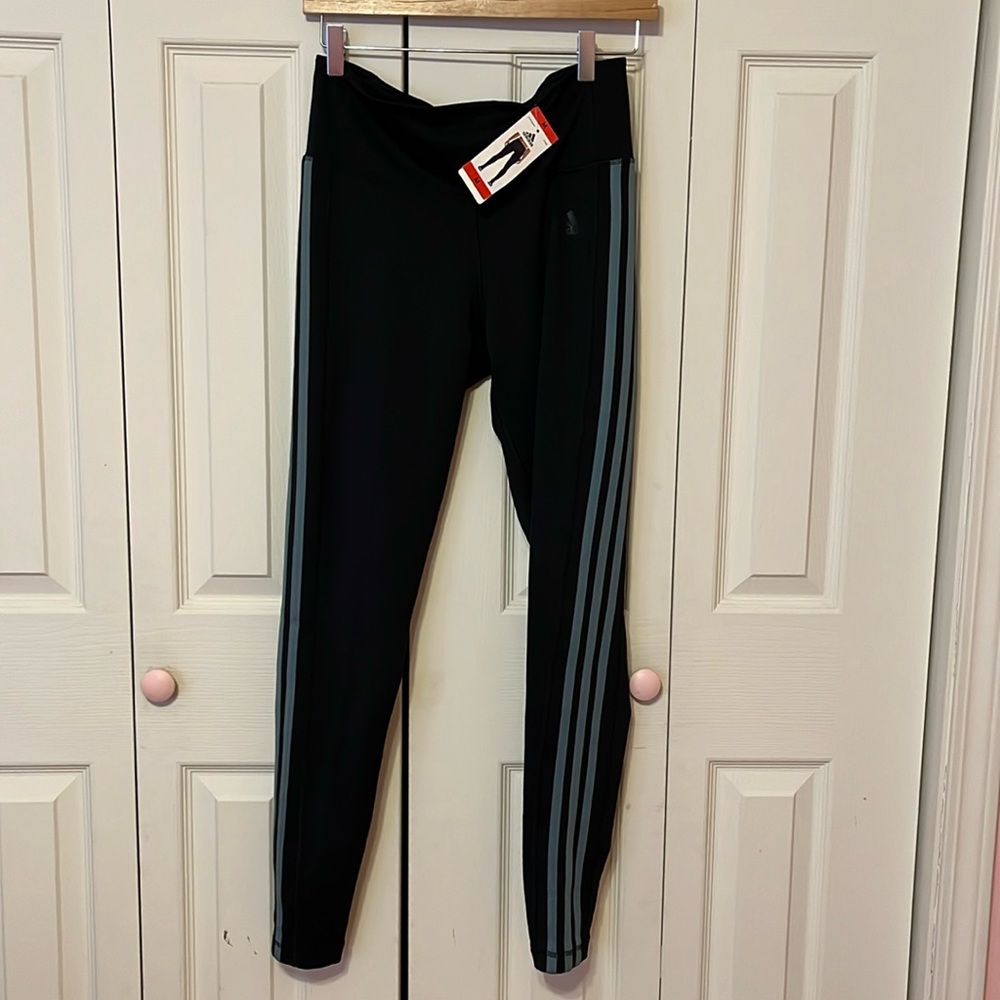 Adidas Climalite Leggings Size M, Black/Raw Green Stripes. New With Tags.